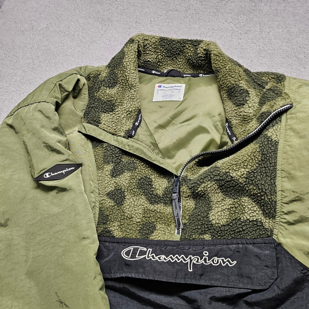 Champion Mens 2XL Anorak Windbreaker Olive Green Black Camo Quarter Zip V7405 - Picture 11 of 14